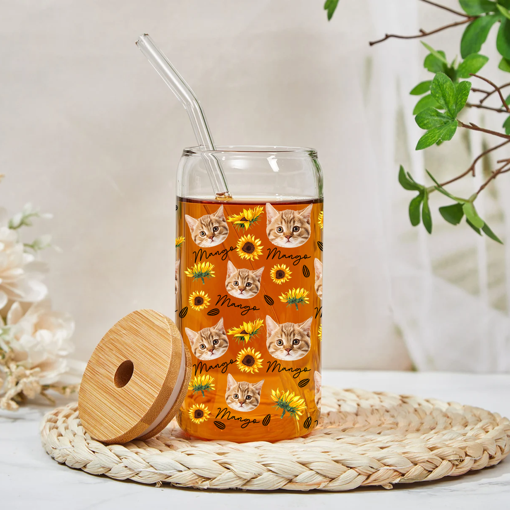 Custom Sunflower Upload Face Dog Cat Glass Bottle/Frosted Bottle With Lid & Straw, Pet Lover Gift AF