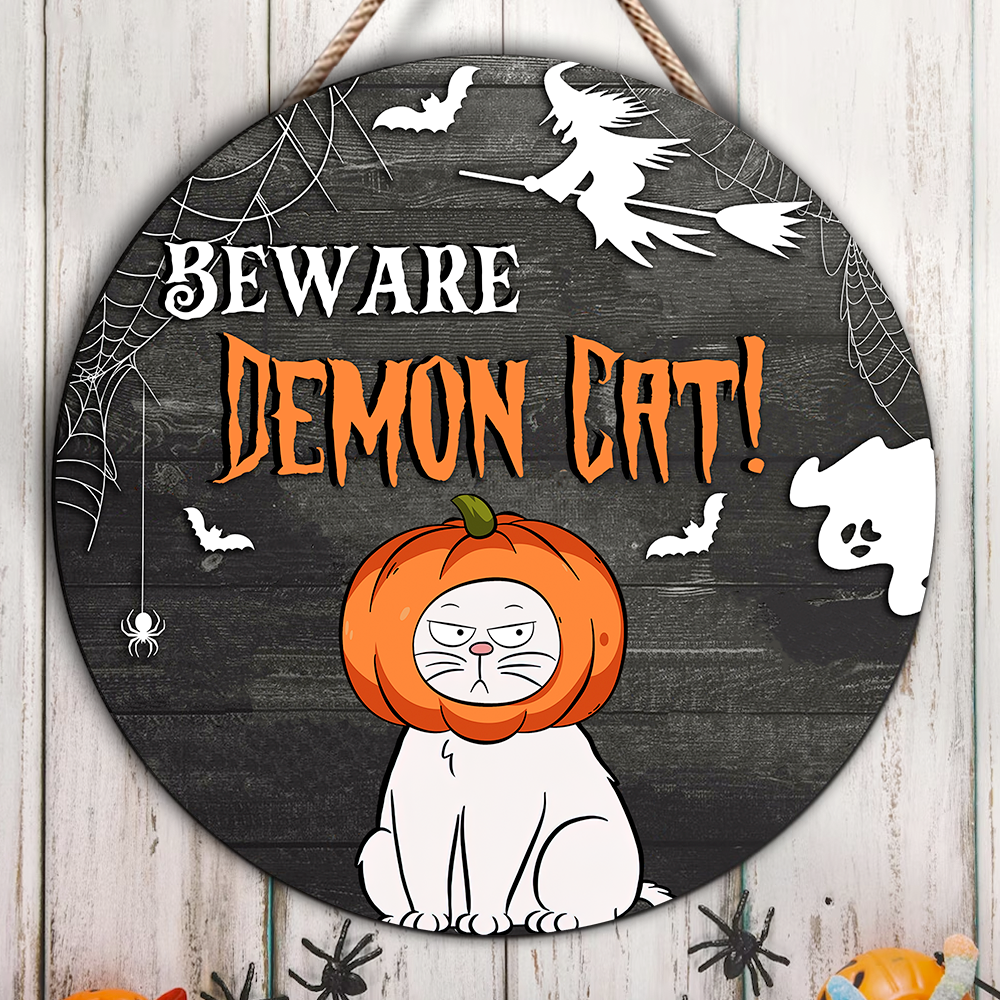 Custom Beware Demon Cat Round Door Sign, Halloween Decorations AE