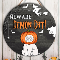 Thumbnail for Custom Beware Demon Cat Round Door Sign, Halloween Decorations AE