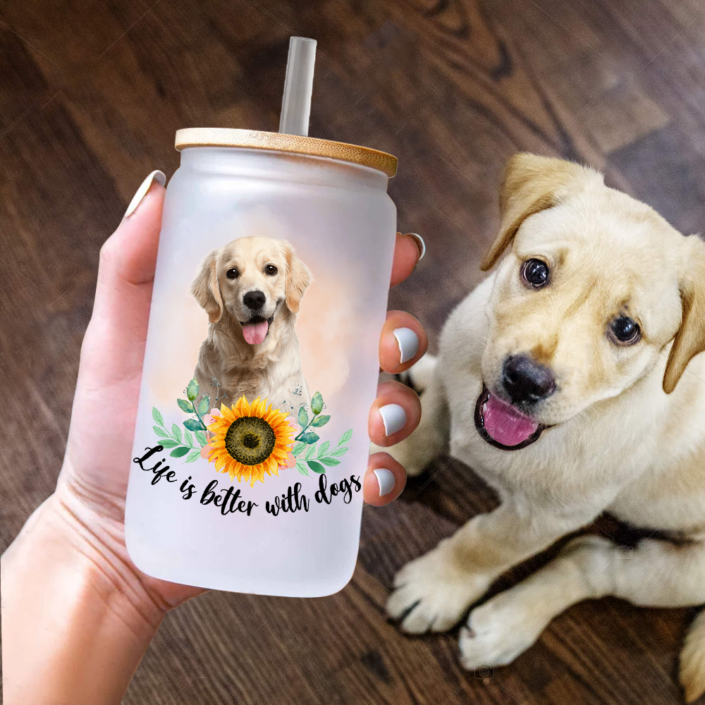Personalized Dog Photo Life is Better With Dogs Cats Glass Bottle/Frosted Bottle With Lid & Straw, Best Gift For Dog Cat Lovers AF