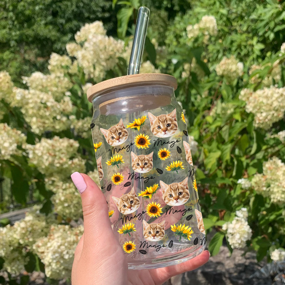 Custom Sunflower Upload Face Dog Cat Glass Bottle/Frosted Bottle With Lid & Straw, Pet Lover Gift AF