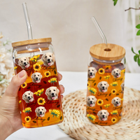 Thumbnail for Custom Sunflower Upload Face Dog Cat Glass Bottle/Frosted Bottle With Lid & Straw, Pet Lover Gift AF