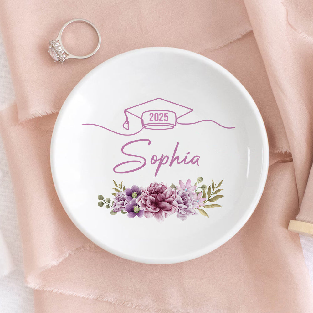 Custom Floral Class of 2025 Graduation Round Jewelry Ring Dish, Jewelry Tray, Graduation Gift For Her FC