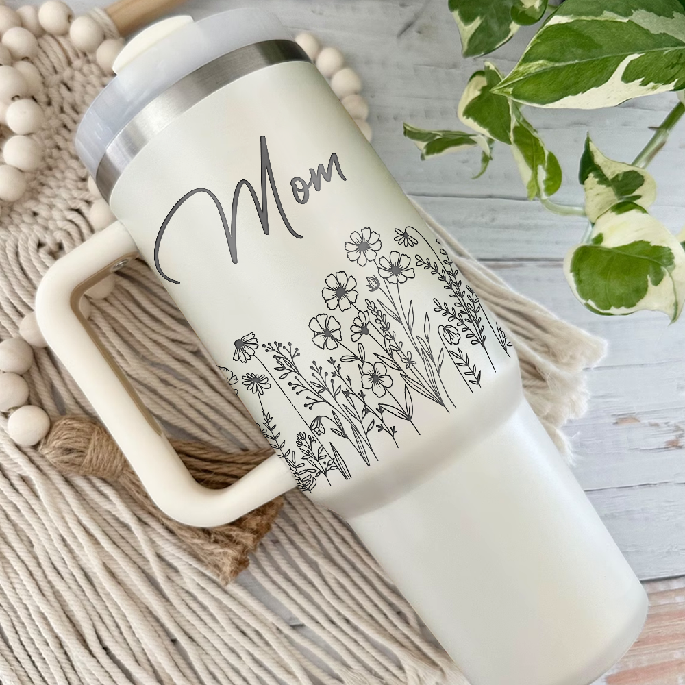 Personalized Insulated Engraved 40oz Tumbler - Mother's Day Gift - Floral Butterflies Mom And Kids YC
