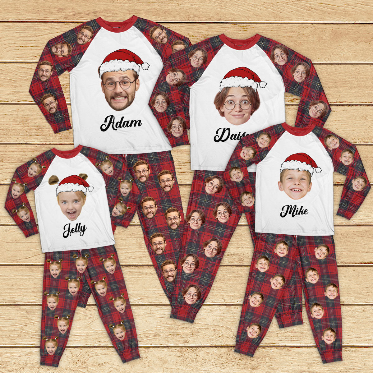 Personalized Raglan Pajamas Set - Christmas Gift For Family - Red Buffalo Plaid Letter Matching Family Pajamas Merchize
