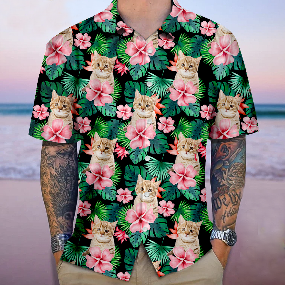 Personalized Enjoy The Summer Together Floral Palm Leaves Dog Cat Photo Men Hawaiian Shirt For Pet Dad FC