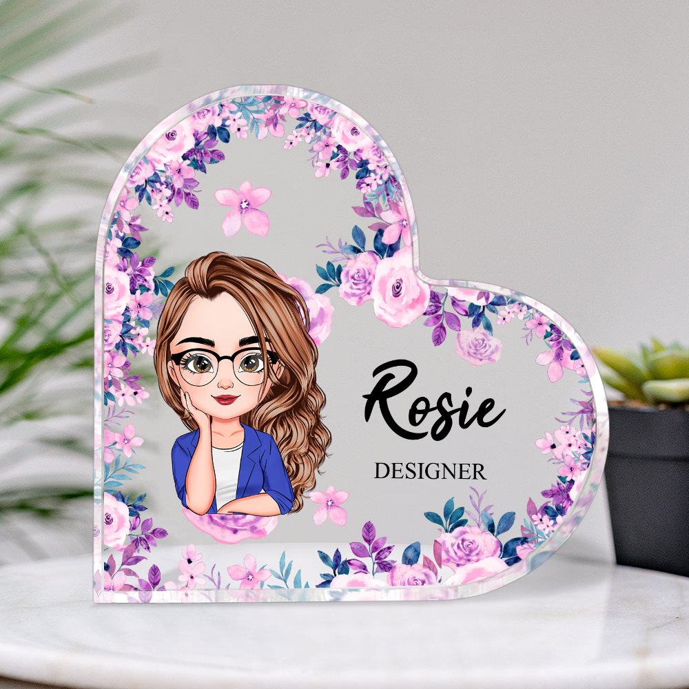 Personalized Heart Shaped Acrylic Plaque- Office Decor Gift- Floral Cute Women AA