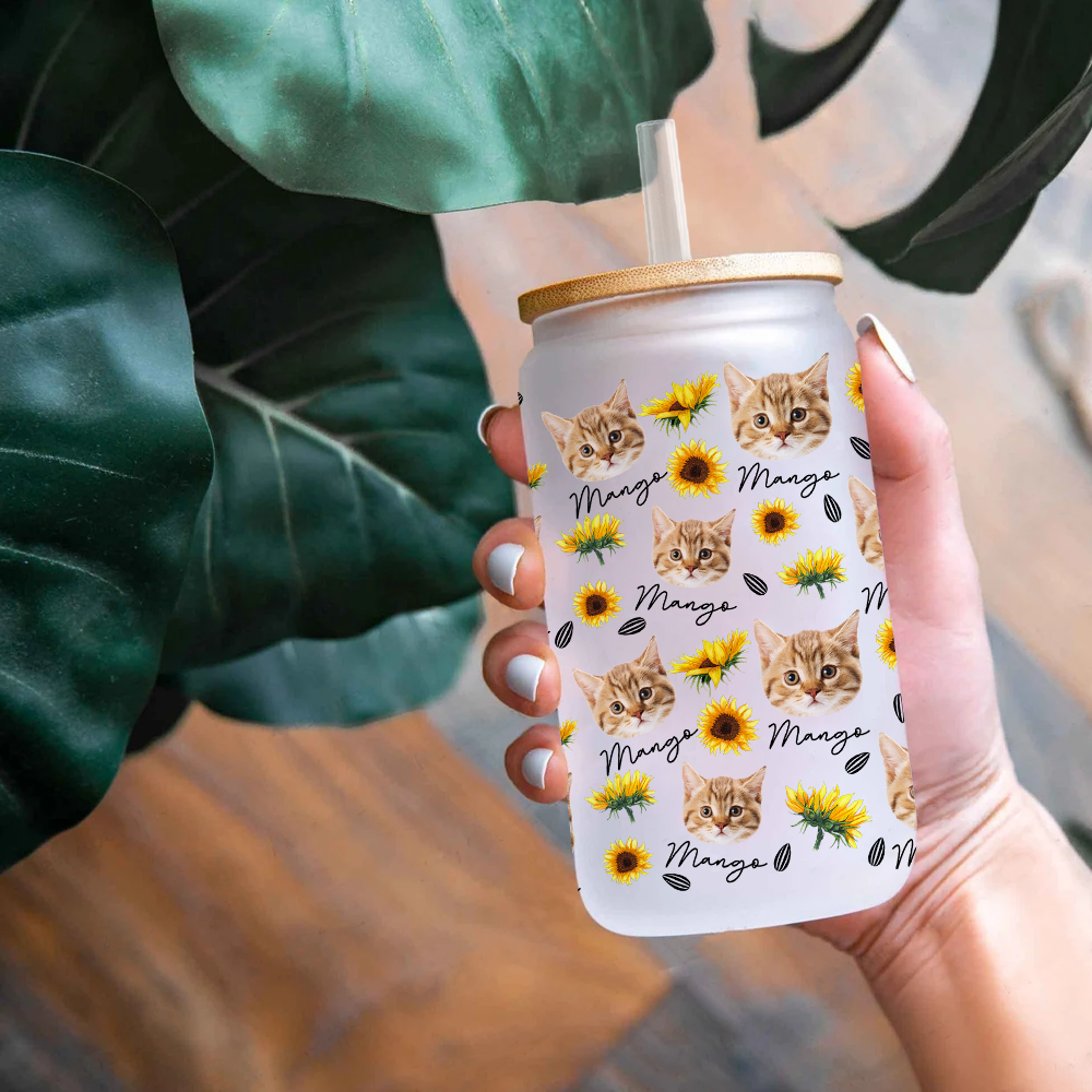 Custom Sunflower Upload Face Dog Cat Glass Bottle/Frosted Bottle With Lid & Straw, Pet Lover Gift AF