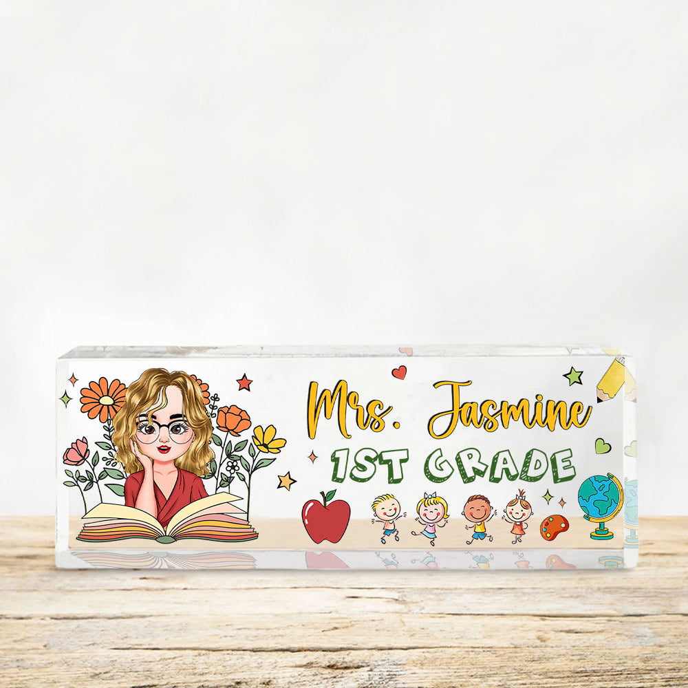 Custom Teacher Name With Book Flowers Acrylic Desk Name Plate, Gift For Teacher AI