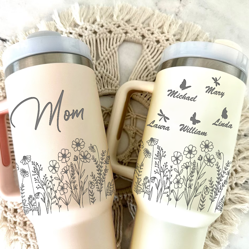Personalized Insulated Engraved 40oz Tumbler - Mother's Day Gift - Floral Butterflies Mom And Kids YC