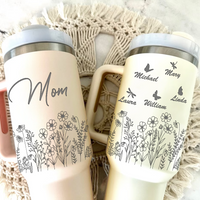 Thumbnail for Personalized Insulated Engraved 40oz Tumbler - Mother's Day Gift - Floral Butterflies Mom And Kids YC
