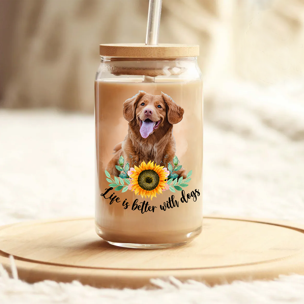 Personalized Dog Photo Life is Better With Dogs Cats Glass Bottle/Frosted Bottle With Lid & Straw, Best Gift For Dog Cat Lovers AF