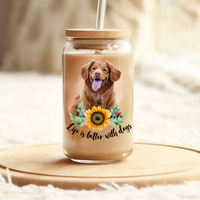 Thumbnail for Personalized Dog Photo Life is Better With Dogs Cats Glass Bottle/Frosted Bottle With Lid & Straw, Best Gift For Dog Cat Lovers AF