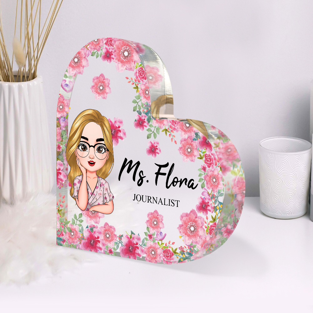 Personalized Heart Shaped Acrylic Plaque- Office Decor Gift- Floral Cute Women AA
