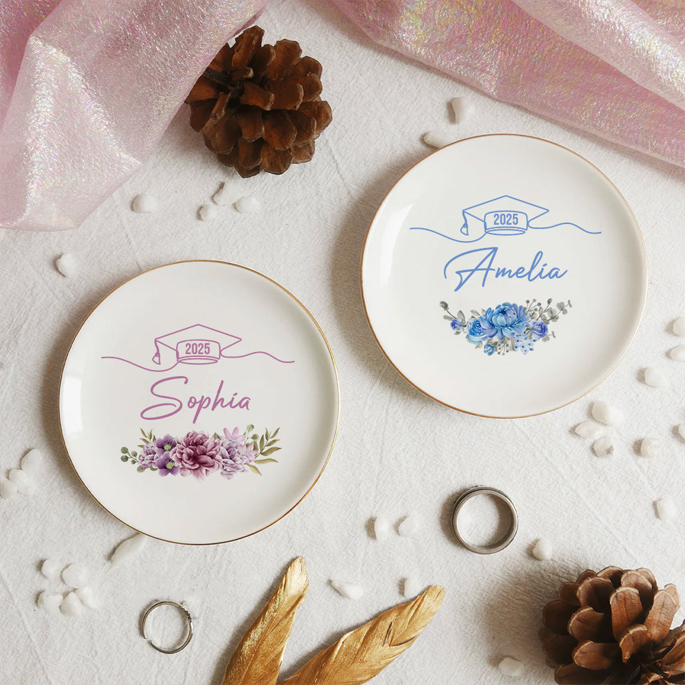 Custom Floral Class of 2025 Graduation Round Jewelry Ring Dish, Jewelry Tray, Graduation Gift For Her FC