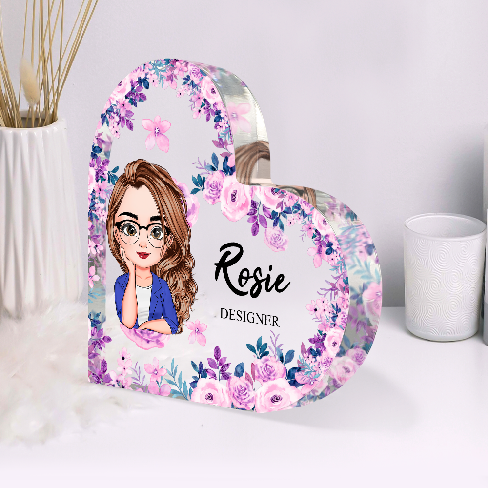 Personalized Heart Shaped Acrylic Plaque- Office Decor Gift- Floral Cute Women AA