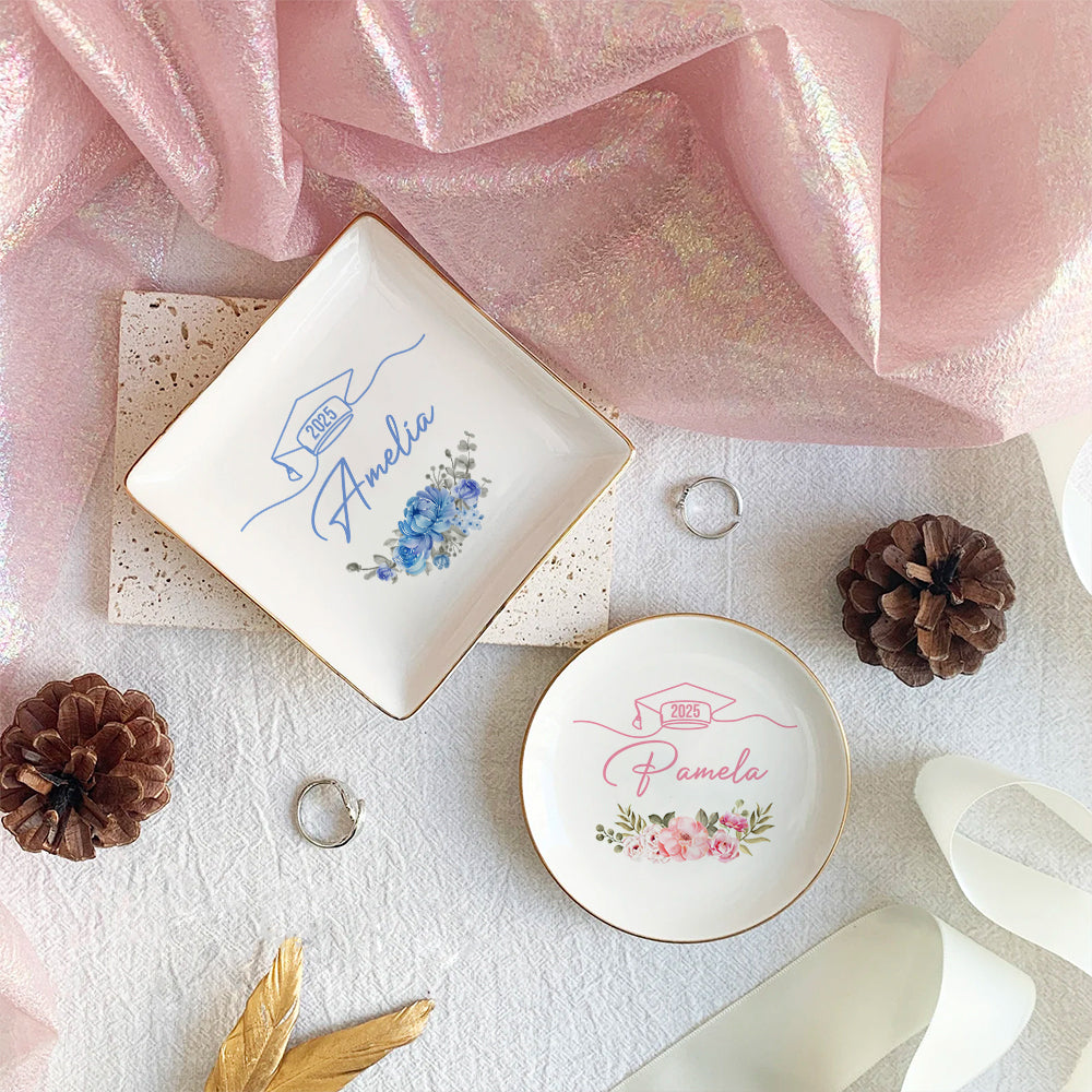 Custom Floral Class of 2025 Graduation Round Jewelry Ring Dish, Jewelry Tray, Graduation Gift For Her FC