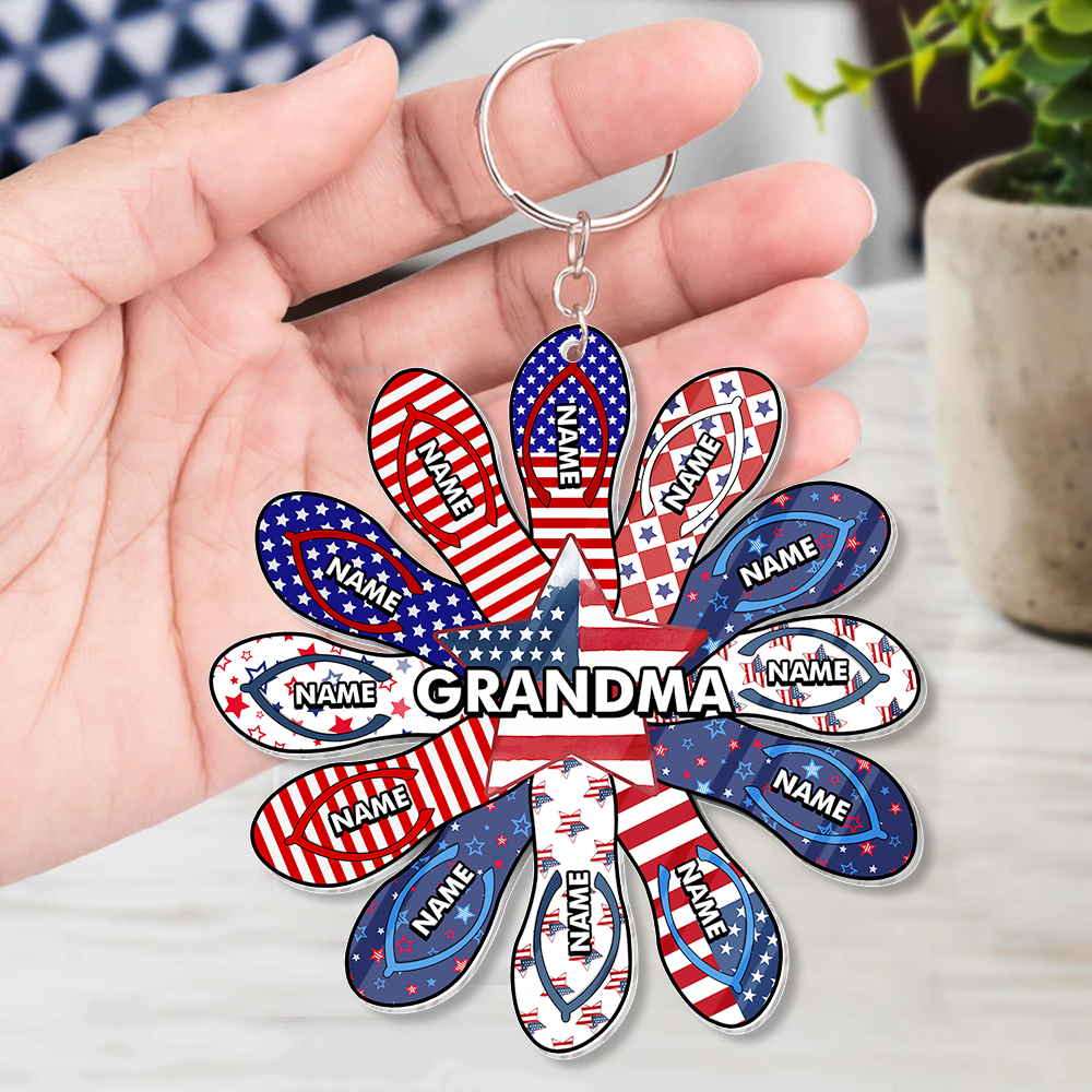 Personalized Grandma Nana Grandkids Patriotic Flip Flop Acrylic Keychain, 4th Of July Gift JonxiFon