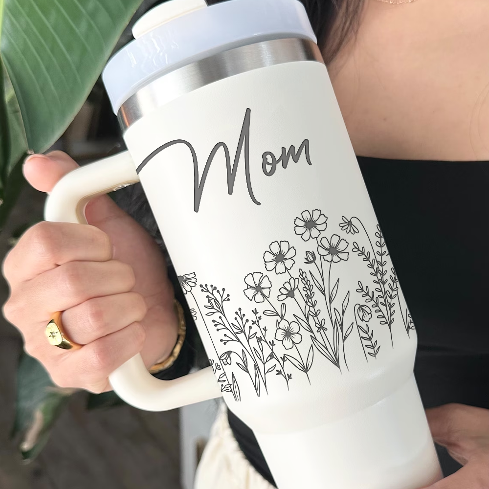 Personalized Insulated Engraved 40oz Tumbler - Mother's Day Gift - Floral Butterflies Mom And Kids YC