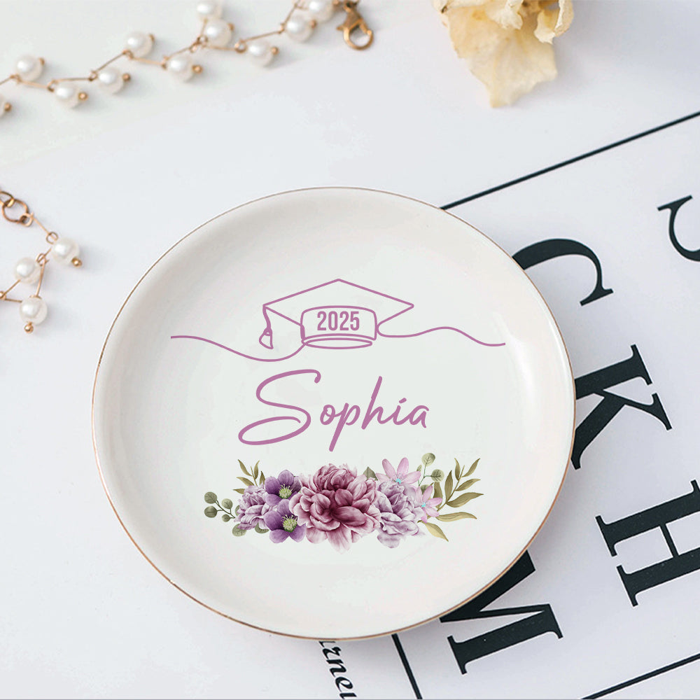 Custom Floral Class of 2025 Graduation Round Jewelry Ring Dish, Jewelry Tray, Graduation Gift For Her FC