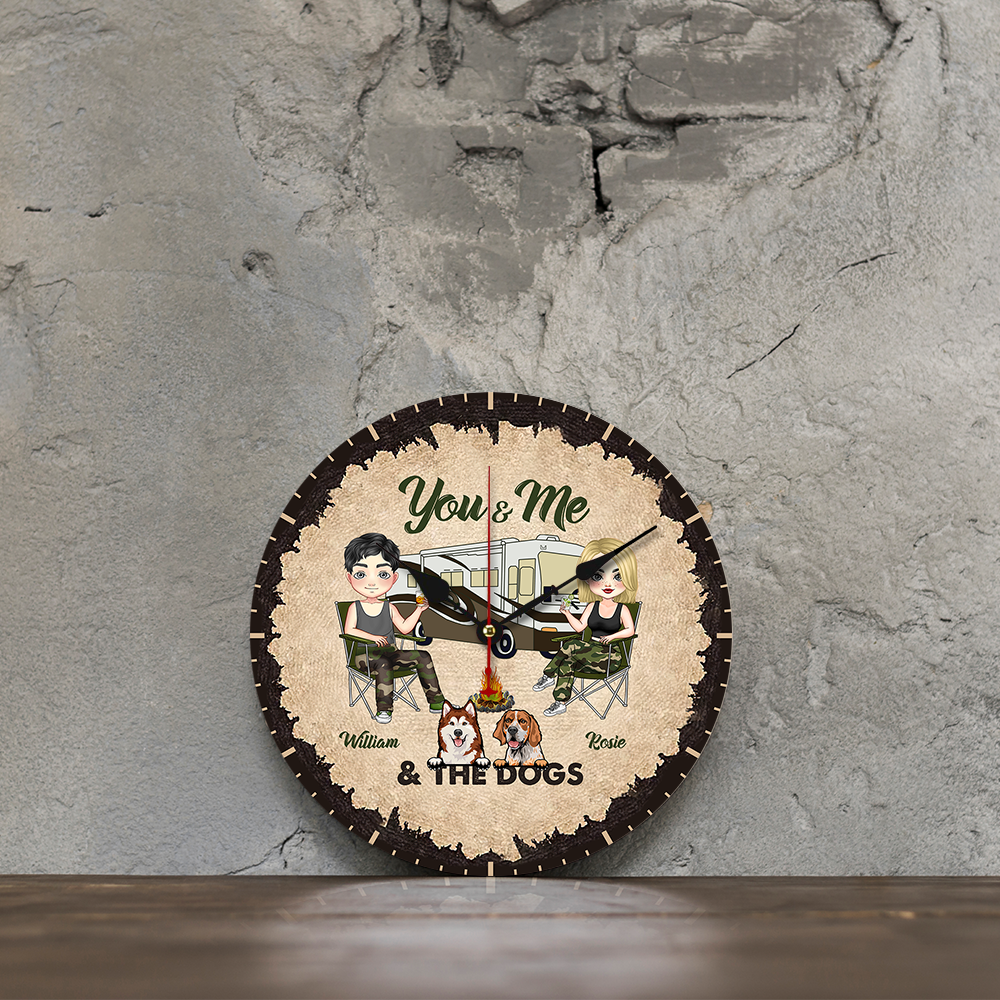 Personalized Camping Couple And The Dogs Wall Wooden Clock, Gift For Dog Lovers FC