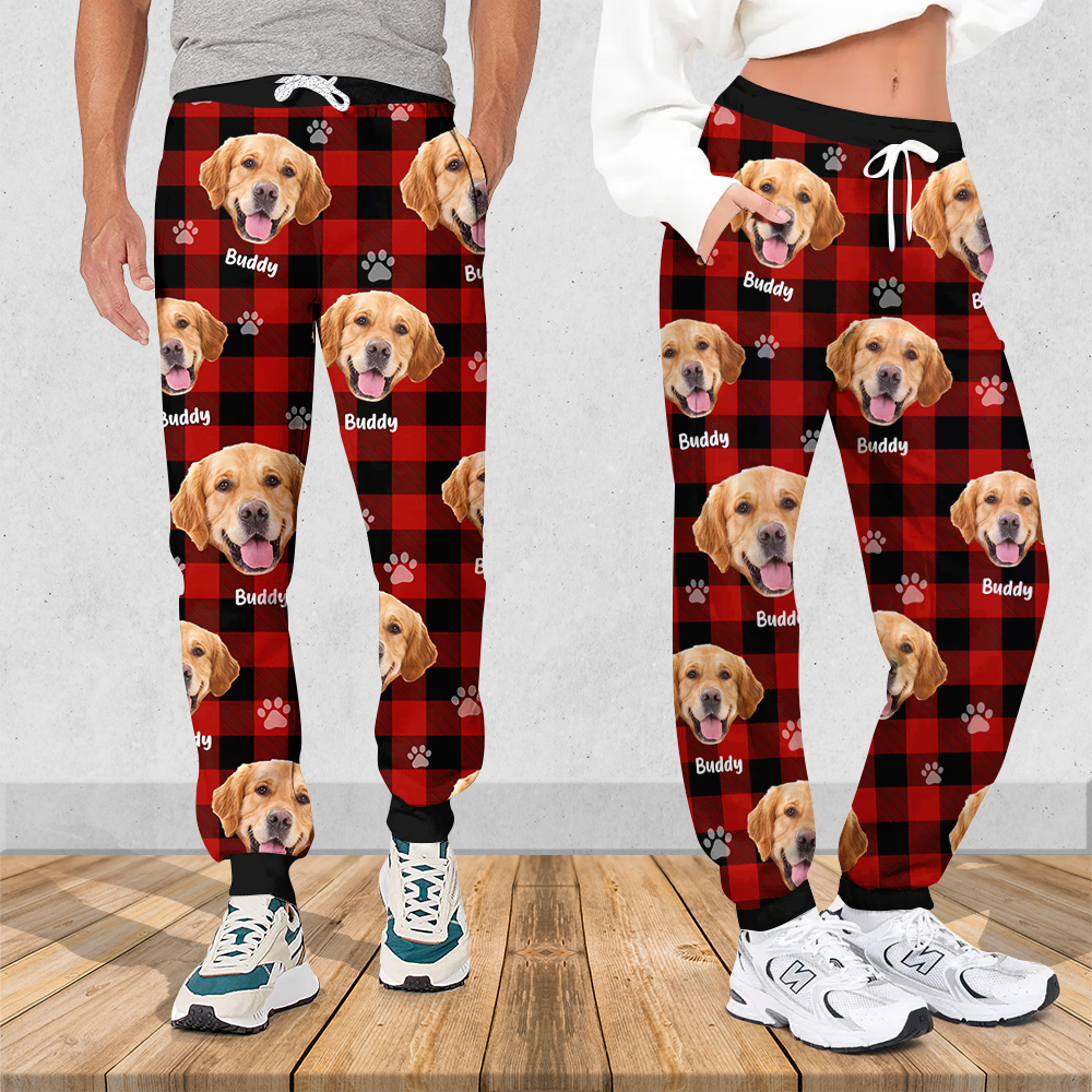 Pet Photo With Name Multicolor Buffalo Plaid Sweatpants, Custom Gift For Men and Women AB
