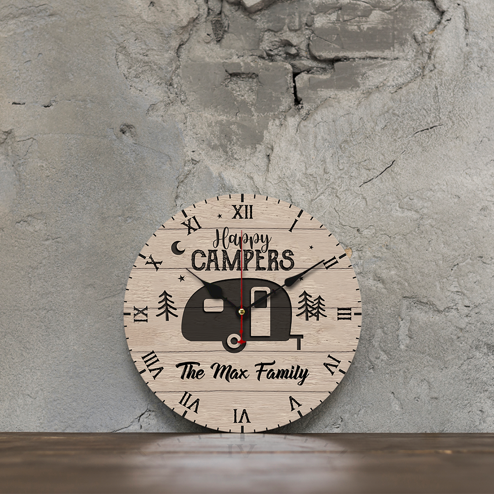 Custom Happy Campers Camping Wall Wooden Clock, Gift For Camper FC