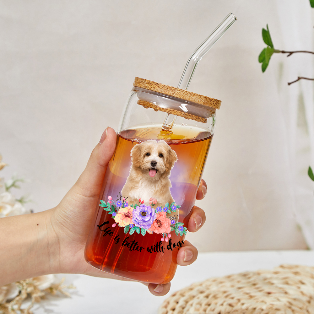 Personalized Dog Photo Life is Better With Dogs Cats Glass Bottle/Frosted Bottle With Lid & Straw, Best Gift For Dog Cat Lovers AF
