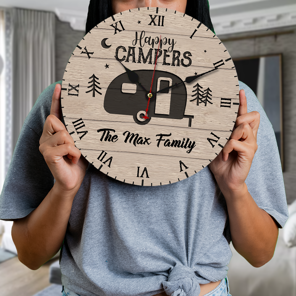 Custom Happy Campers Camping Wall Wooden Clock, Gift For Camper FC
