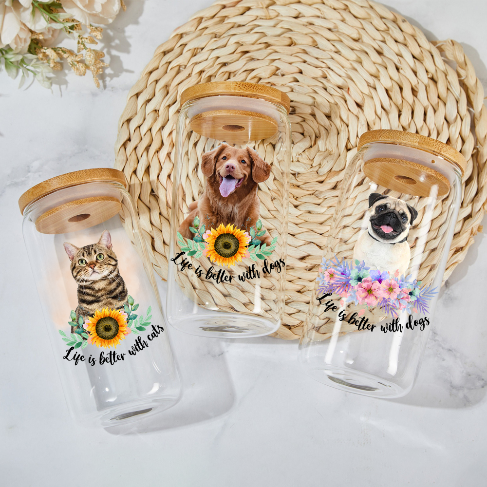 Personalized Dog Photo Life is Better With Dogs Cats Glass Bottle/Frosted Bottle With Lid & Straw, Best Gift For Dog Cat Lovers AF