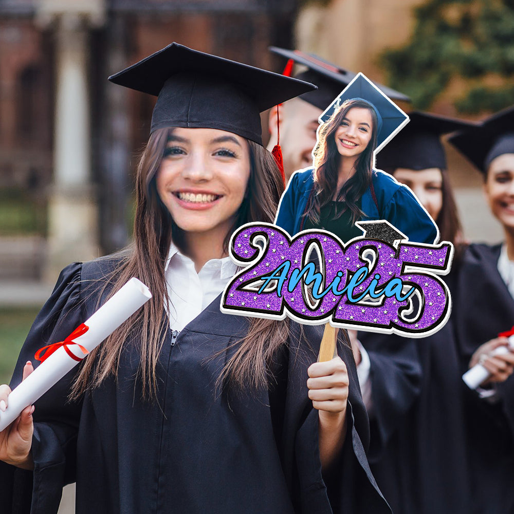 Personalized Face Fans With Wooden Handle - Graduation Keepsake Gift - Colorful Glitter Senior Photo Class Of 2025 FC