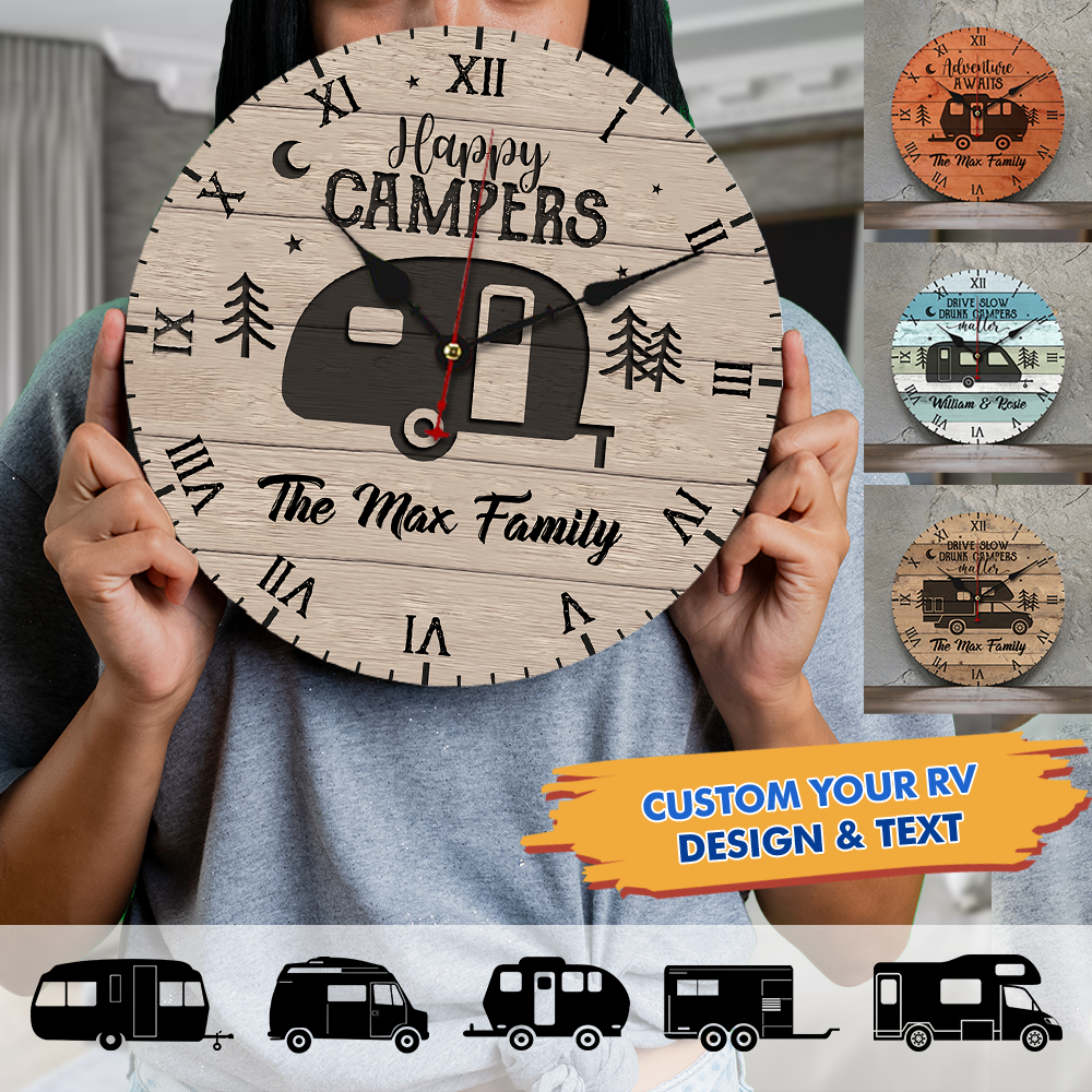 Custom Happy Campers Camping Wall Wooden Clock, Gift For Camper FC