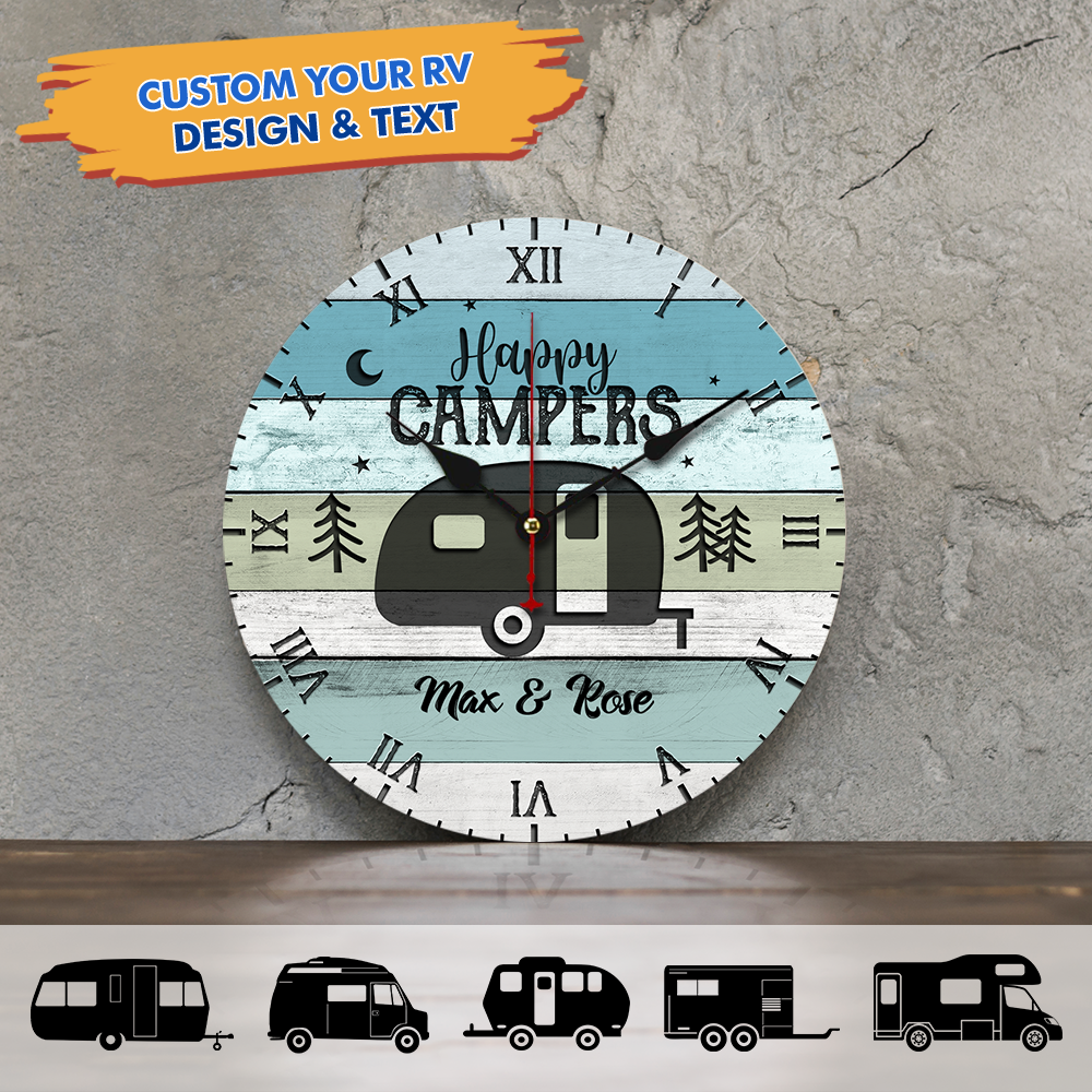 Custom Happy Campers Camping Wall Wooden Clock, Gift For Camper FC