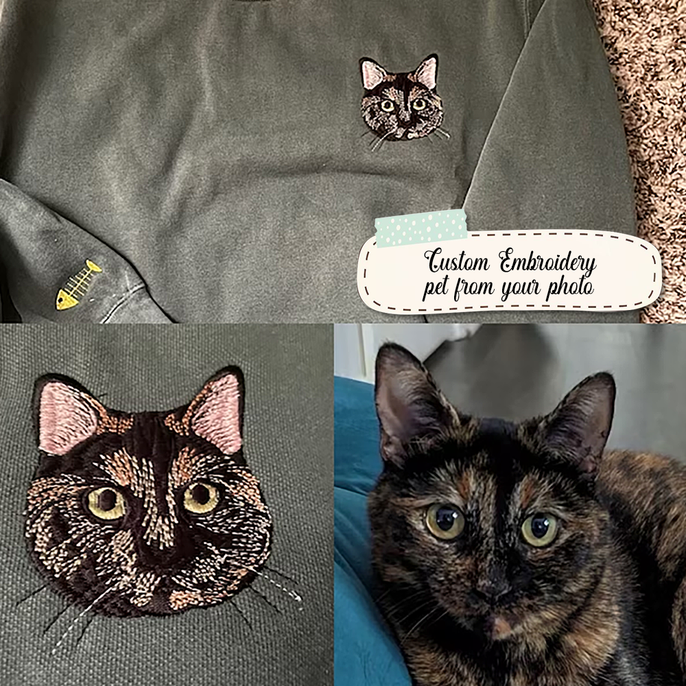 Personalized Embroidered T-shirt - Gift For Pet Lovers - Embroidery Dog Cat Face Photo CustomCat