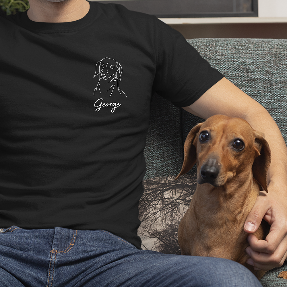 Personalized Embroidered T-shirt - Gift For Pet Lovers - Dog Cat Embroidery Photo Line Drawing FC