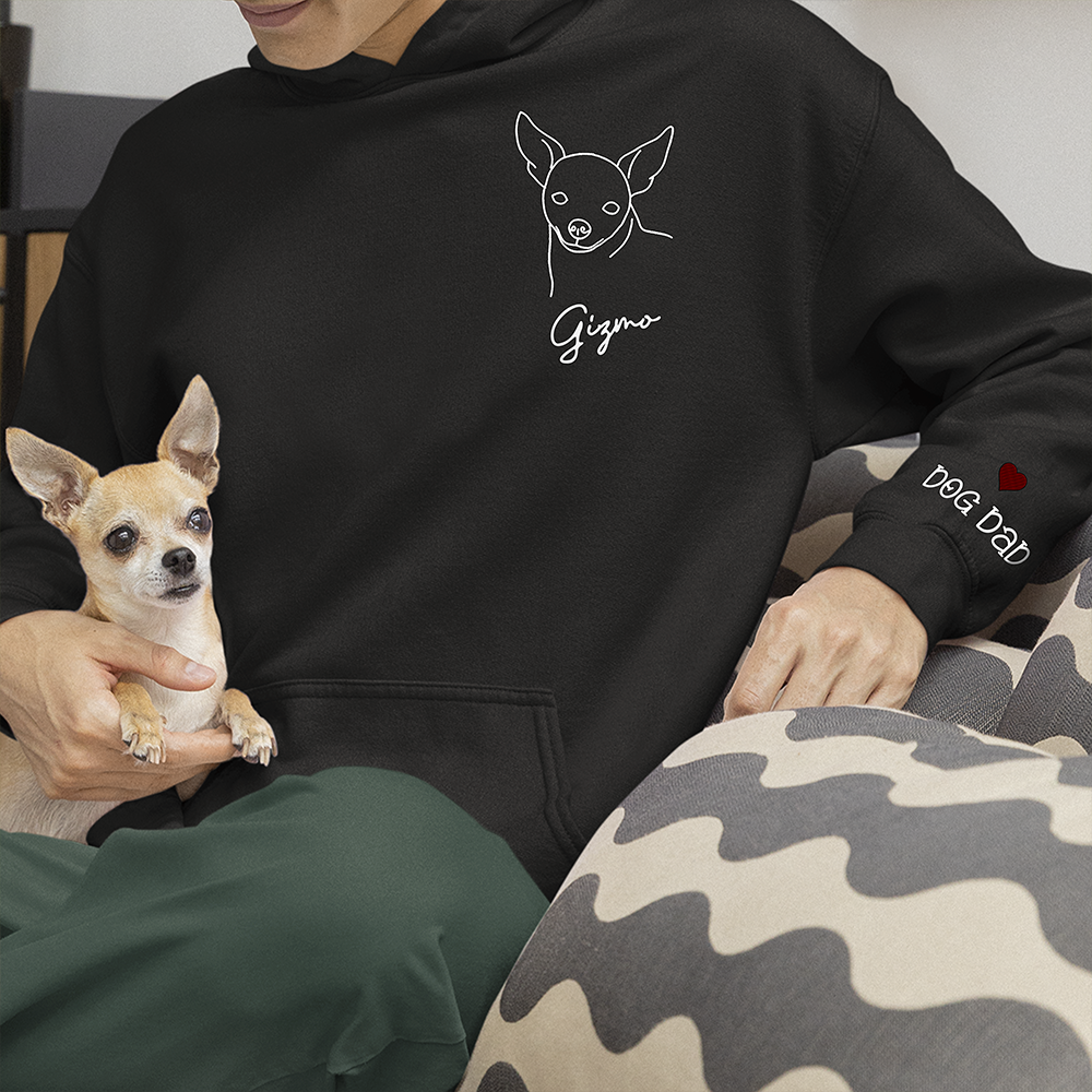 Personalized Embroidered T-shirt - Gift For Pet Lovers - Dog Cat Embroidery Photo Line Drawing FC