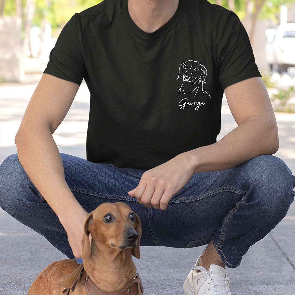 Personalized Embroidered T-shirt - Gift For Pet Lovers - Dog Cat Embroidery Photo Line Drawing FC