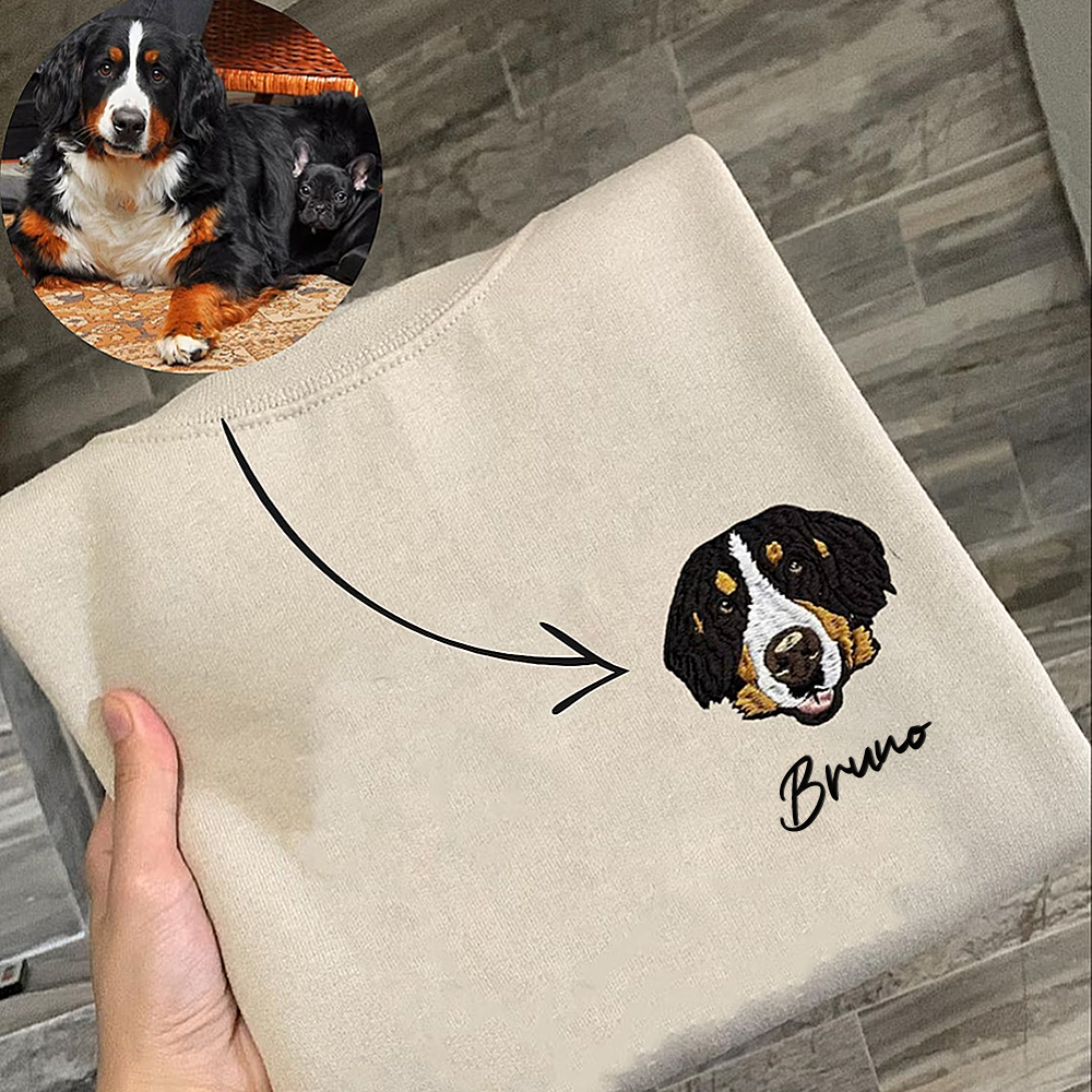 Personalized Embroidered T-shirt - Gift For Pet Lovers - Embroidery Dog Cat Face Photo CustomCat