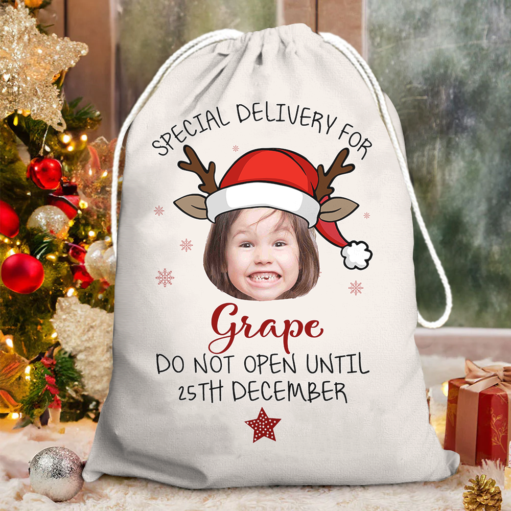 Personalized Santa Sack - Christmas Gift For Family & Pet Lover - Reindeer Santa Hat Photo AB