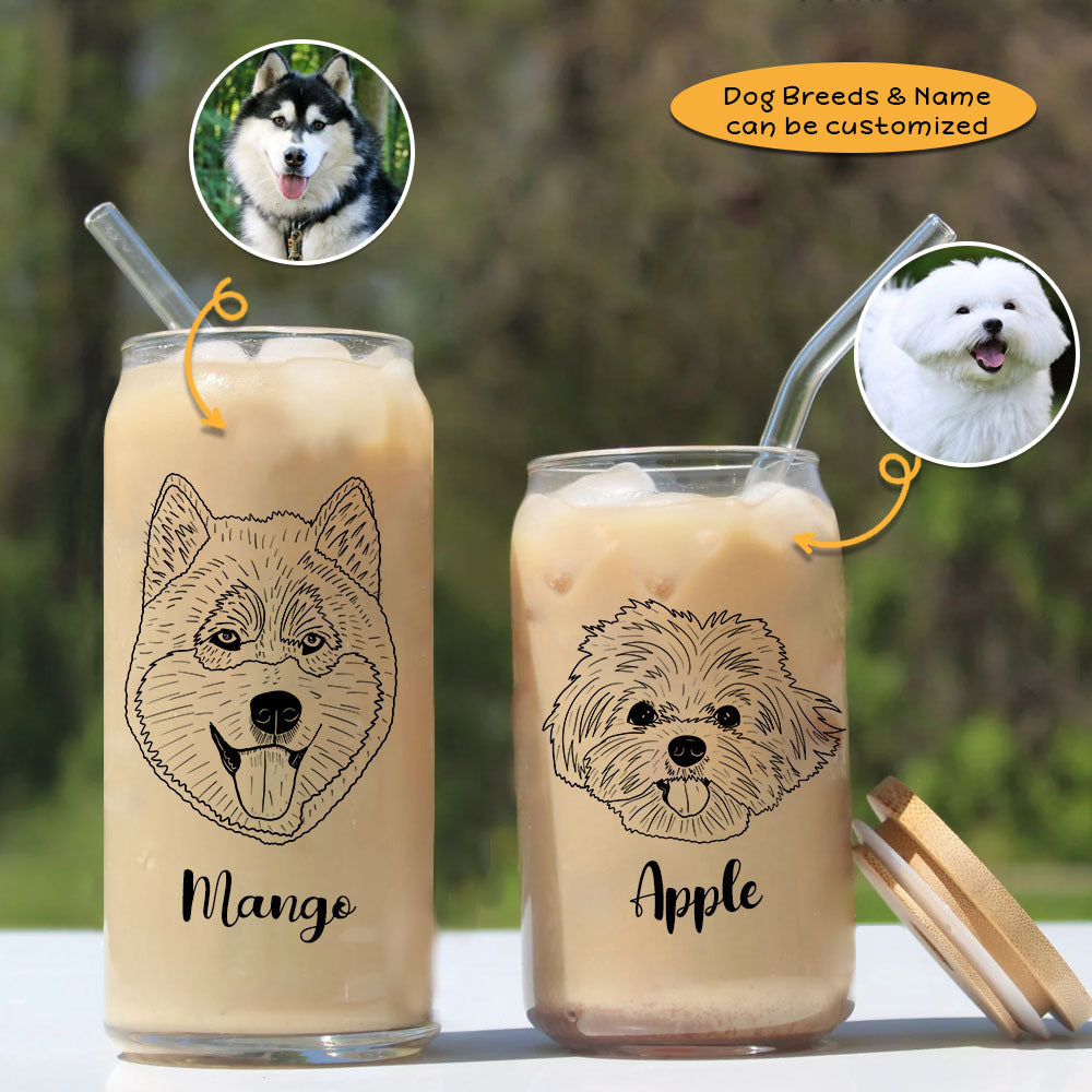 Custom Dog Face Line Drawing Glass Bottle/Frosted Bottle With Lid & Straw AF