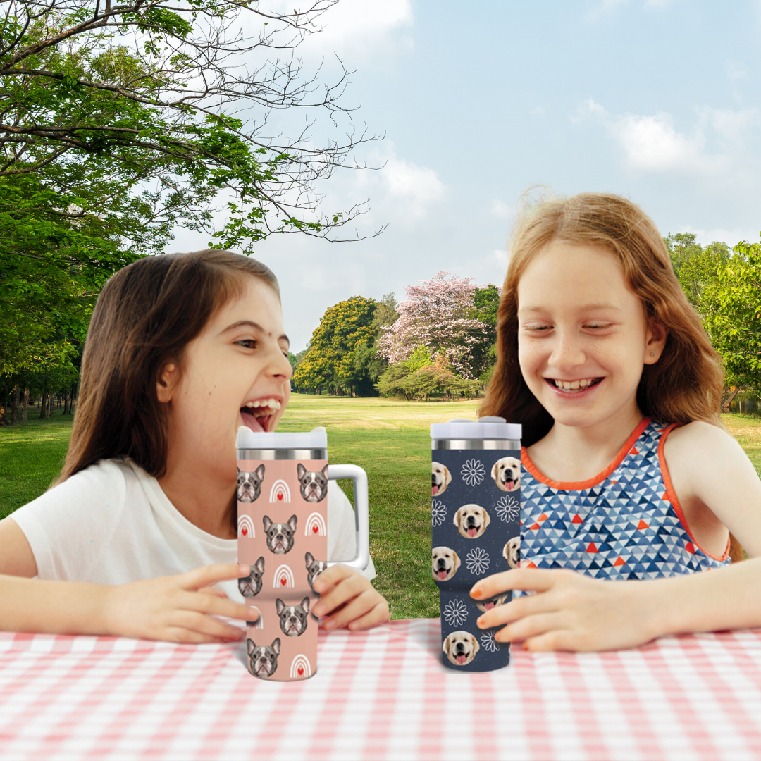 Personalized 40 oz Tumbler With Handle and Straw Lid - Gift For Pet Lovers - Dog Cat Face Photo Retro Style FC