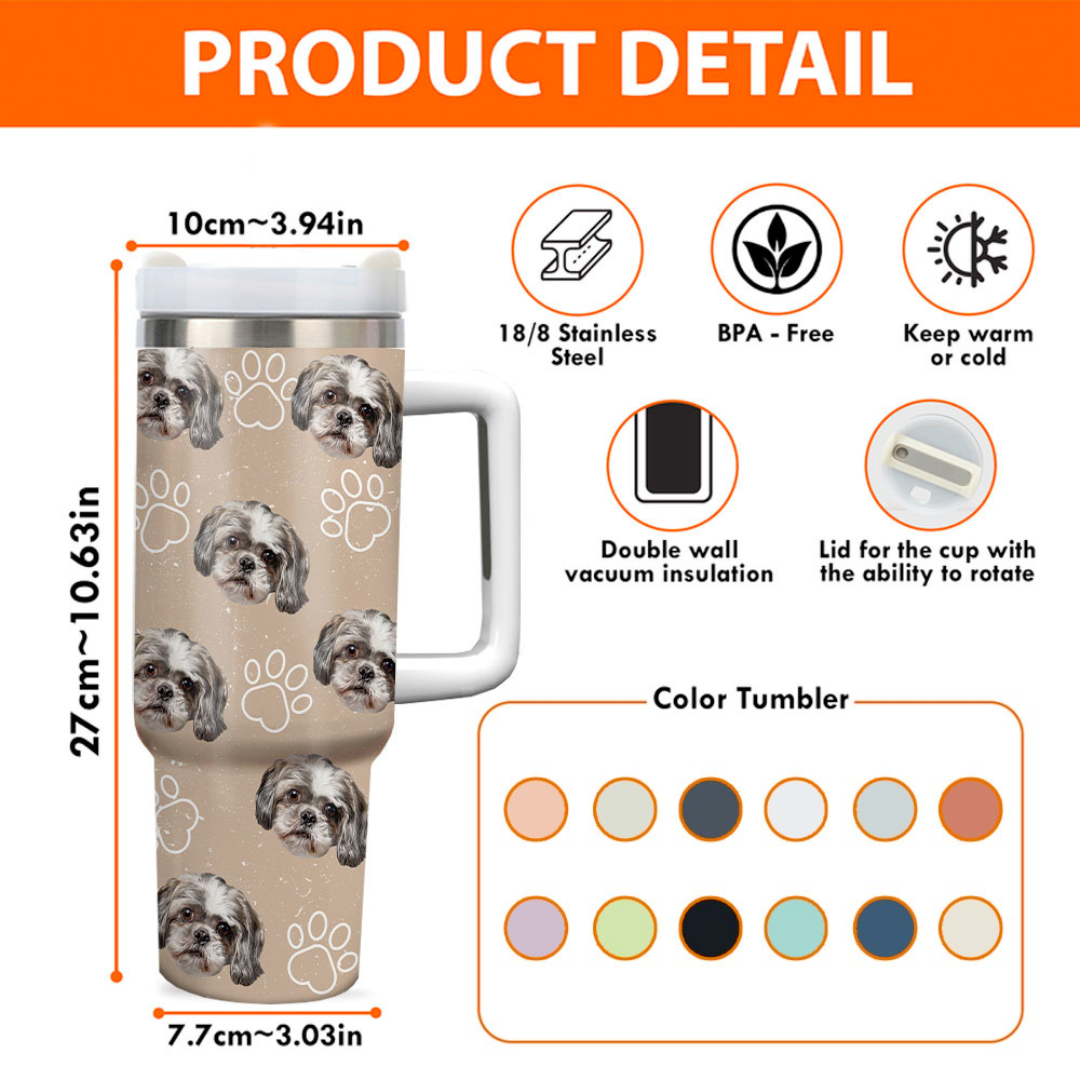 Personalized 40 oz Tumbler With Handle and Straw Lid - Gift For Pet Lovers - Dog Cat Face Photo Retro Style FC