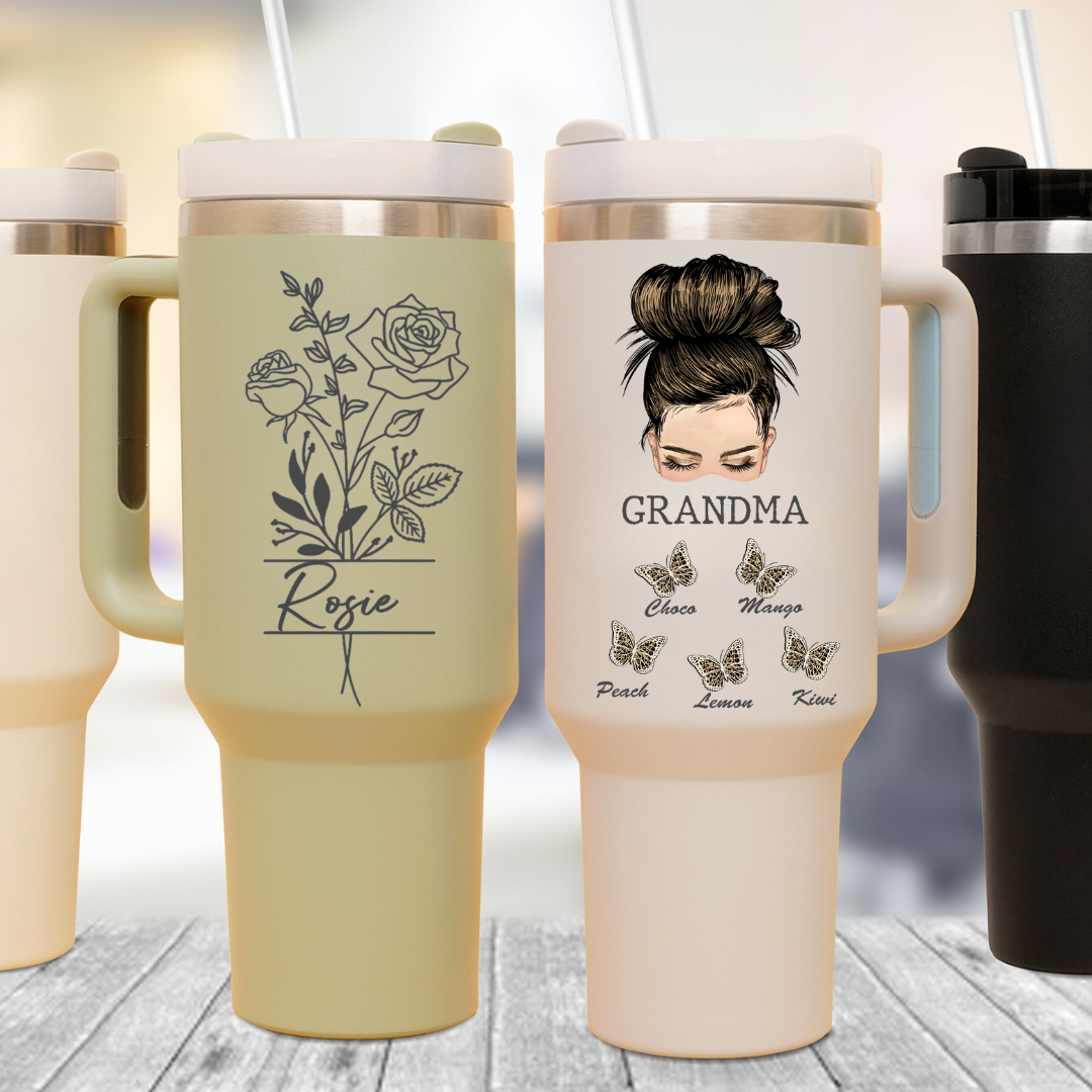 Personalized 40oz Tumbler - Gift For Grandma - Flower Grandma Butterflies Grandkids Yoycol