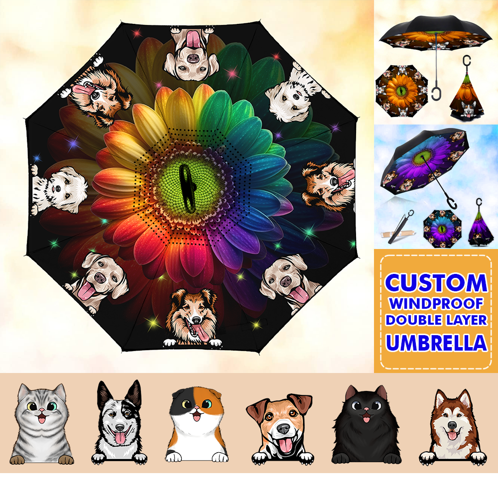 Custom Magical Dog Cat Windproof Reverse Upside Down C-Handle Double Layer Umbrella, Pet Lover Gift JonxiFon