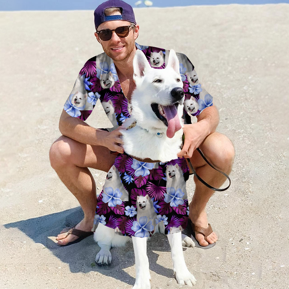 Personalized Enjoy The Summer Together Floral Palm Leaves Dog Cat Photo Men Hawaiian Shirt For Pet Dad FC