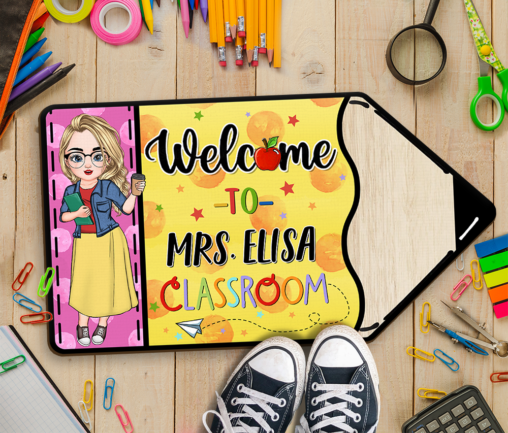 Custom Welcome To Teacher Classroom Pencil Shaped Doormat, Gift For Teacher AB