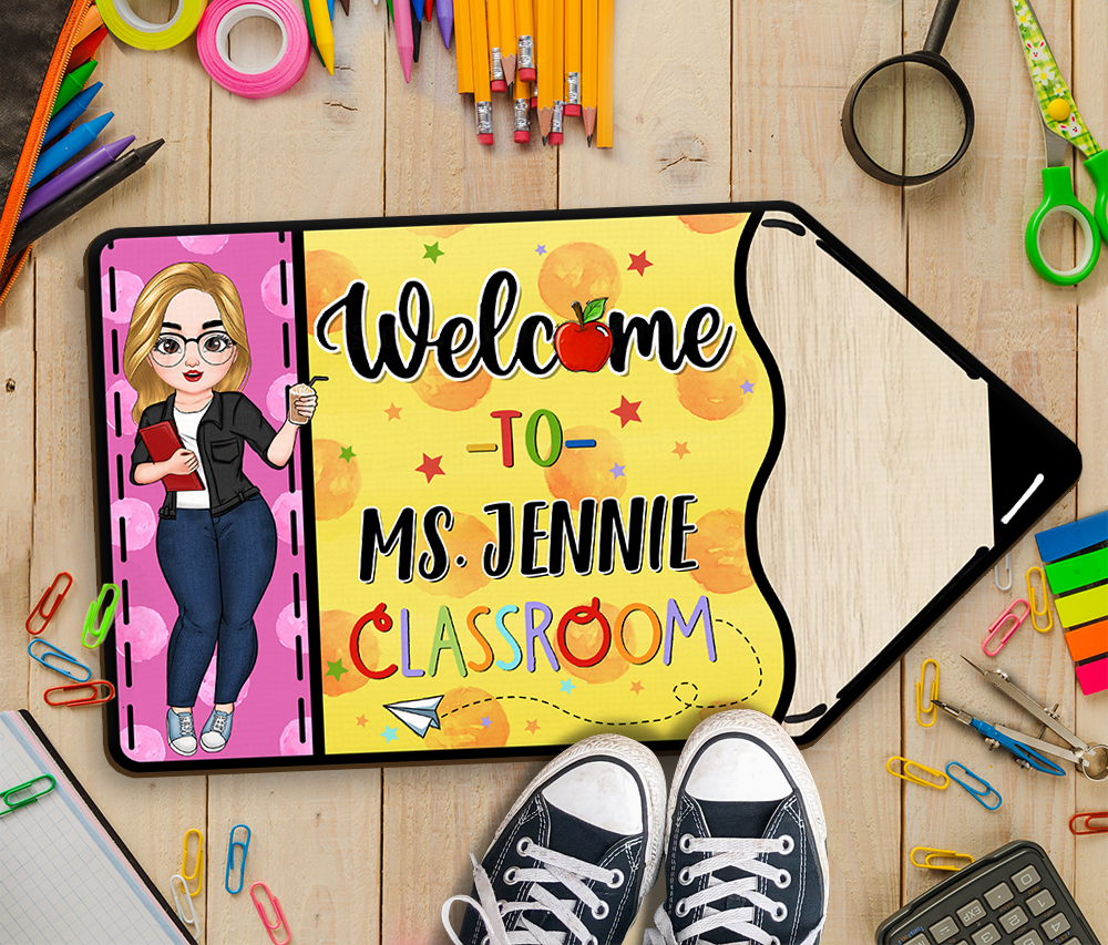 Custom Welcome To Teacher Classroom Pencil Shaped Doormat, Gift For Teacher AB