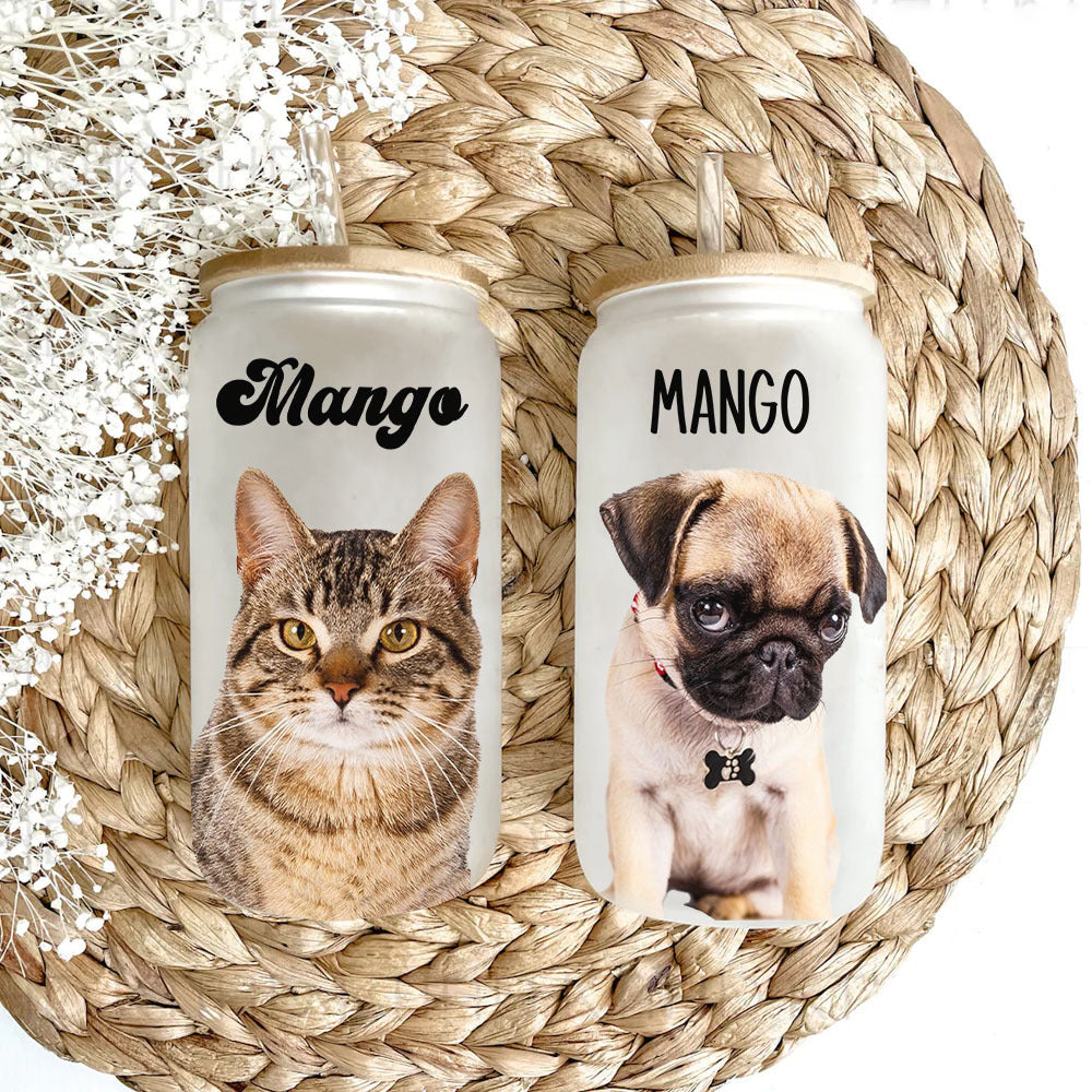 Custom Portrait Photo Glass Can With Lid & Straw, Pet Lover Gift FC
