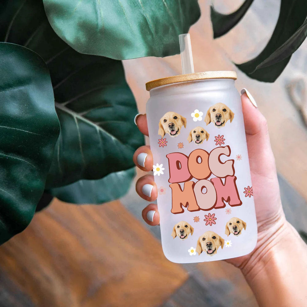 Custom Dog Mom Cat Mom Photo Glass Bottle/Frosted Bottle With Lid & Straw, Pet Lover Gift AF