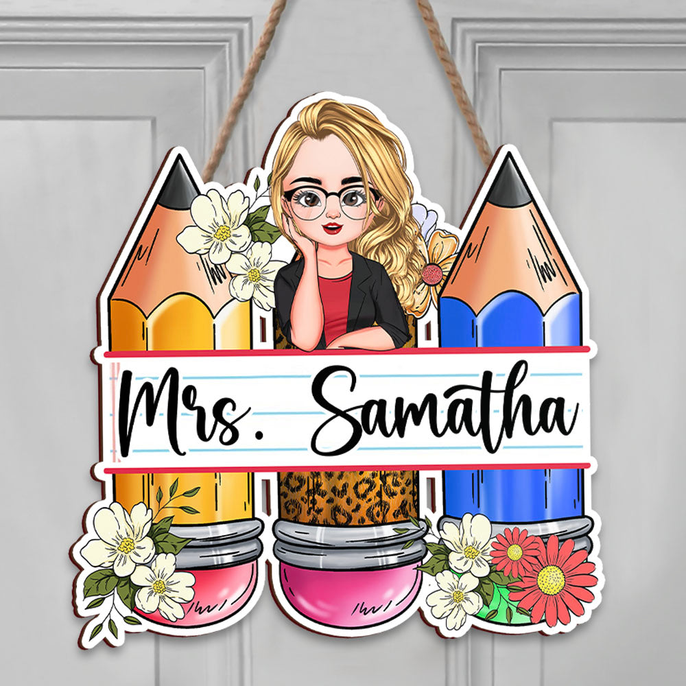 Custom Teacher Name Pencils Flowers Shaped Door Sign, Gift For Teacher AE
